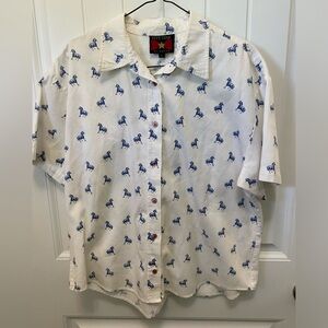 Five Star by Roper white with blue horse short sleeve button up. Size Large.